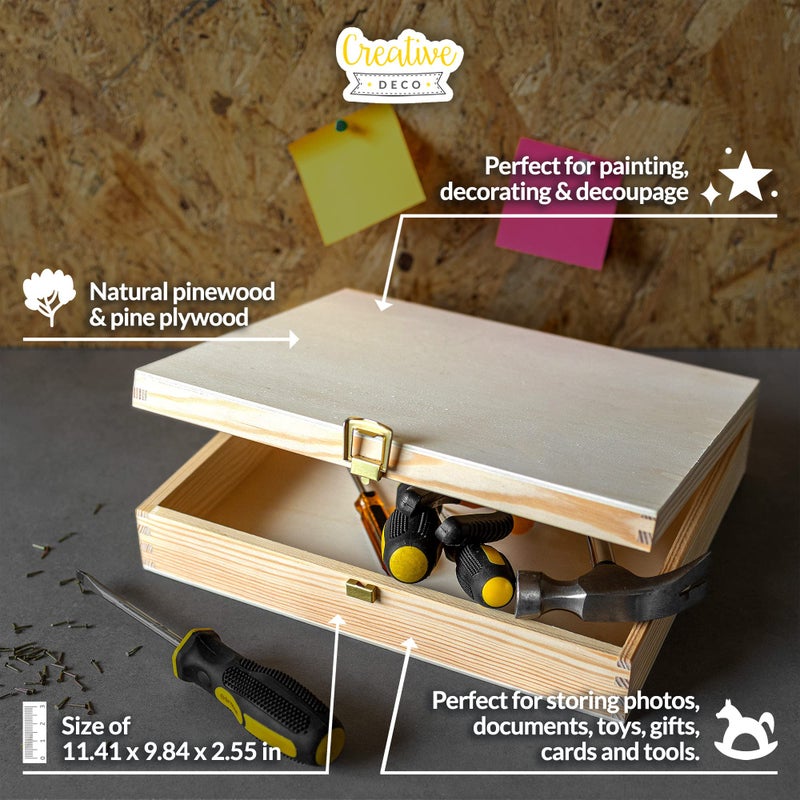 Creative Deco Wooden Storage Box Unpainted Plain | 11.41 x 9.84 x 2.55 in | Golden Latch & Lid | Perfect for Storing Valuables & Small Items in The Office or Bedroom | Keepsake Memory Trinket Chest - Image 4